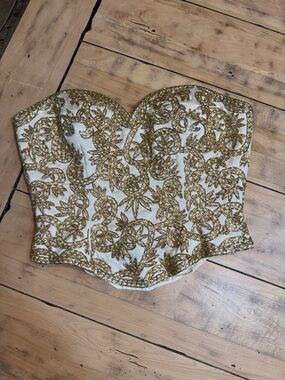 Black tie by Oleg Cassini Gold Beaded Strapless Bustier Top
